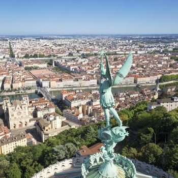 View of Lyon from the top of Notre Dame de Fourviere, France, Europe.