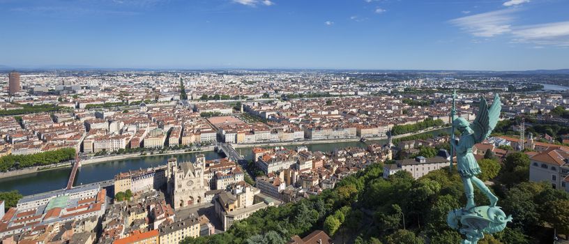 Panoramic view of Lyon from the top of Notre Dame de Fourviere, France.