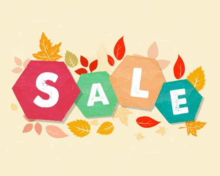 autumn sale with fall leaves, business seasonal shopping concept in colorful grunge drawn flat design hexagons labels