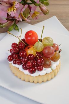 Dessert of sand tarts with whipped cream and fresh fruit