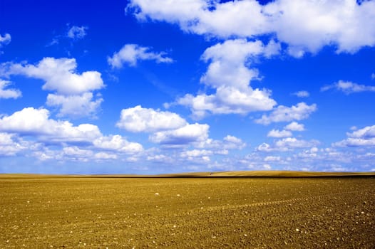 Plowed field conceptual image. Viev on plowed field and blue sky.