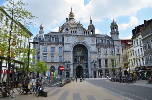 Antwerp, Belgium - May 11, 2015: Exterior of Antwerp main railway station on  May 11, 2015 in Antwerp, Belgium. The original station building was constructed between 1895 and 1905.