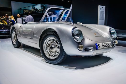 MOSCOW, RUSSIA - AUG 2012: PORSCHE SPYDER 550 presented as world premiere at the 16th MIAS (Moscow International Automobile Salon) on August 30, 2012 in Moscow, Russia