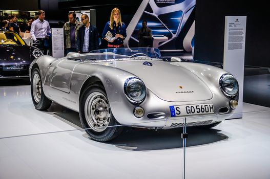 MOSCOW, RUSSIA - AUG 2012: PORSCHE SPYDER 550 presented as world premiere at the 16th MIAS (Moscow International Automobile Salon) on August 30, 2012 in Moscow, Russia
