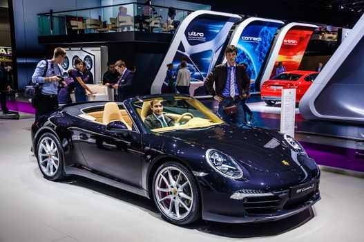 MOSCOW, RUSSIA - AUG 2012: PORSCHE 911 CARRERA S CABRIO 991 presented as world premiere at the 16th MIAS (Moscow International Automobile Salon) on August 30, 2012 in Moscow, Russia