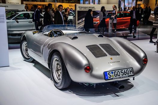 MOSCOW, RUSSIA - AUG 2012: PORSCHE SPYDER 550 presented as world premiere at the 16th MIAS (Moscow International Automobile Salon) on August 30, 2012 in Moscow, Russia