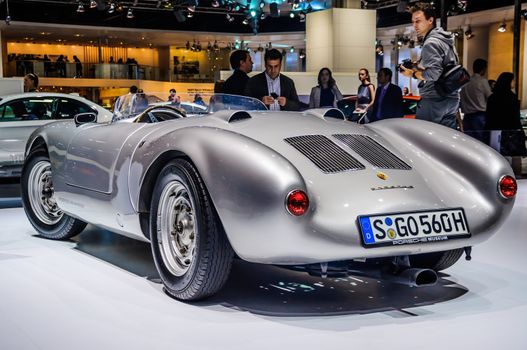 MOSCOW, RUSSIA - AUG 2012: PORSCHE SPYDER 550 presented as world premiere at the 16th MIAS (Moscow International Automobile Salon) on August 30, 2012 in Moscow, Russia