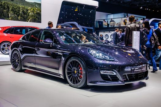 MOSCOW, RUSSIA - AUG 2012: PORSCHE PANAMERA GTS E2B presented as world premiere at the 16th MIAS (Moscow International Automobile Salon) on August 30, 2012 in Moscow, Russia