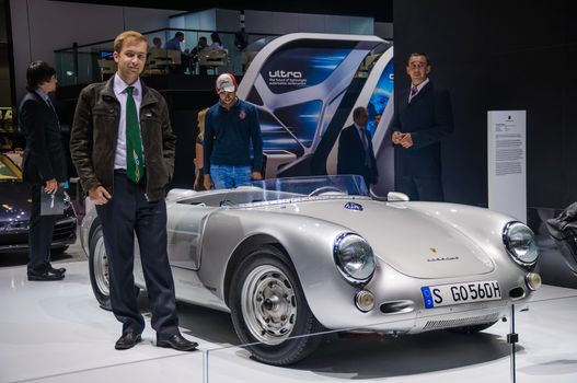 MOSCOW, RUSSIA - AUG 2012: PORSCHE SPYDER 550 presented as world premiere at the 16th MIAS (Moscow International Automobile Salon) on August 30, 2012 in Moscow, Russia