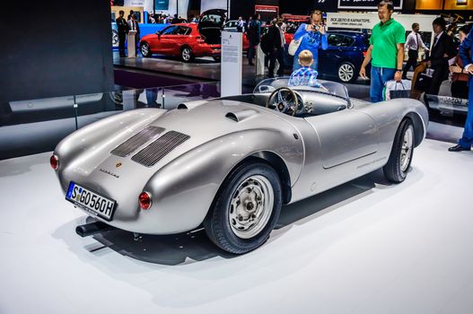 MOSCOW, RUSSIA - AUG 2012: PORSCHE SPYDER 550 presented as world premiere at the 16th MIAS (Moscow International Automobile Salon) on August 30, 2012 in Moscow, Russia