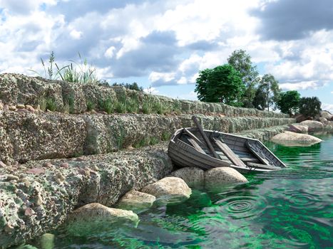 Breakwater with gates and old fishing boat concept background