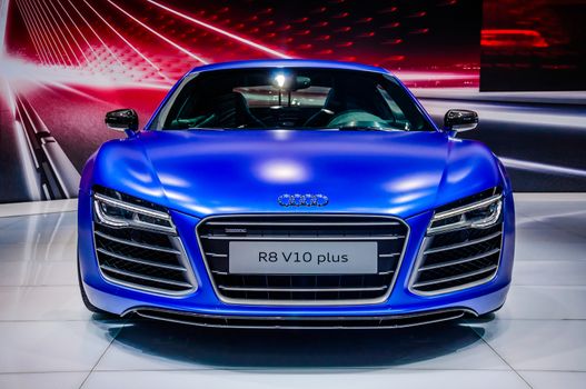 MOSCOW, RUSSIA - AUG 2012: AUDI R8 V10 PLUS presented as world premiere at the 16th MIAS (Moscow International Automobile Salon) on August 30, 2012 in Moscow, Russia