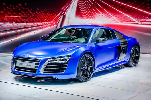 MOSCOW, RUSSIA - AUG 2012: AUDI R8 V10 PLUS presented as world premiere at the 16th MIAS (Moscow International Automobile Salon) on August 30, 2012 in Moscow, Russia