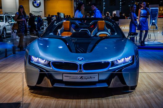 MOSCOW, RUSSIA - AUG 2012: BMW I8 CONCEPT SPYDER presented as world premiere at the 16th MIAS (Moscow International Automobile Salon) on August 30, 2012 in Moscow, Russia