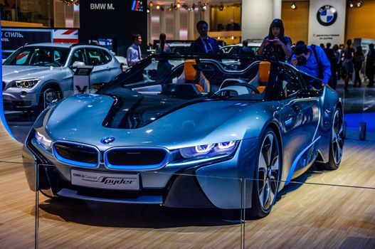 MOSCOW, RUSSIA - AUG 2012: BMW I8 CONCEPT SPYDER presented as world premiere at the 16th MIAS (Moscow International Automobile Salon) on August 30, 2012 in Moscow, Russia