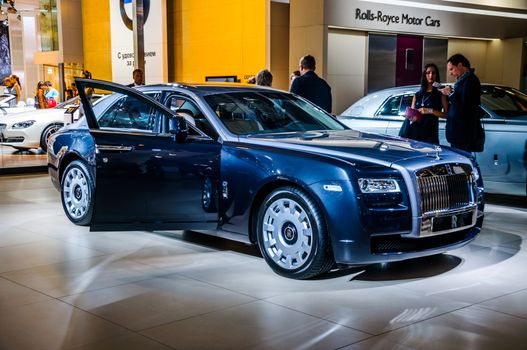 MOSCOW, RUSSIA - AUG 2012: ROLLS-ROYCE GOHST presented as world premiere at the 16th MIAS (Moscow International Automobile Salon) on August 30, 2012 in Moscow, Russia