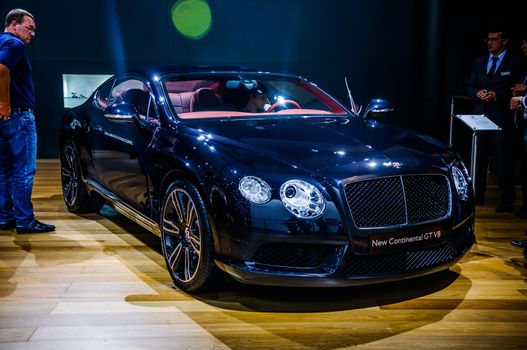 MOSCOW, RUSSIA - AUG 2012: BENTLEY CONTINENTAL GT V8 2ND GENERATION presented as world premiere at the 16th MIAS (Moscow International Automobile Salon) on August 30, 2012 in Moscow, Russia