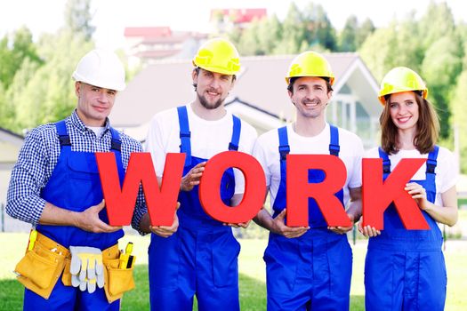 group of workmen with word work