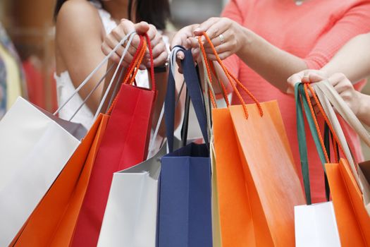 Women showing their shopping bags close-up view