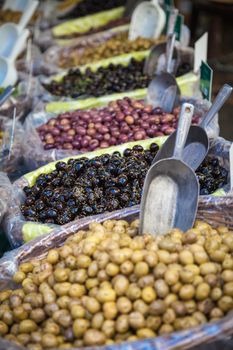 Marinated olives on a market in Provence, France