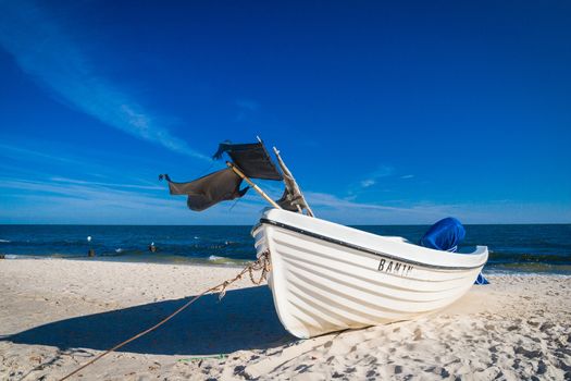 Fishing boats lying on the beach of Usedom Baltic Sea