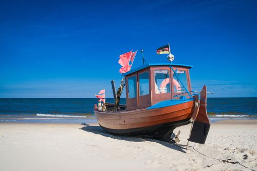 Fishing boats lying on the beach of Usedom Baltic Sea