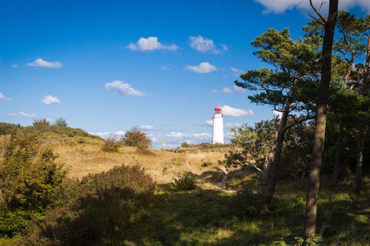 Lighthouse Dornbusch on the island of Hiddensee in blue sky