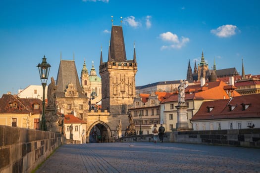 The western tower of the Charles Bridge with view to Prague Castle