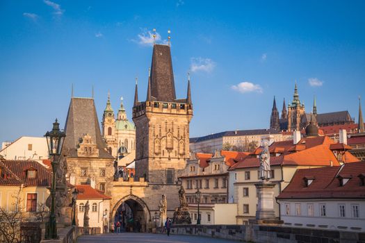 The western tower of the Charles Bridge with view to Prague Castle
