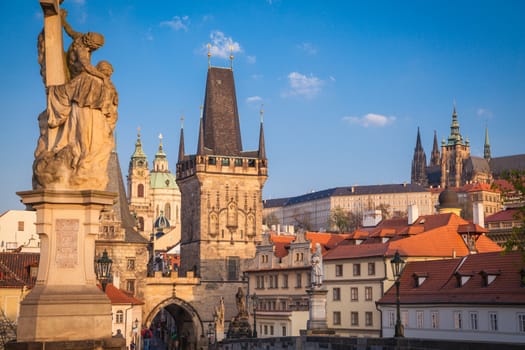 The western tower of the Charles Bridge with view to Prague Castle