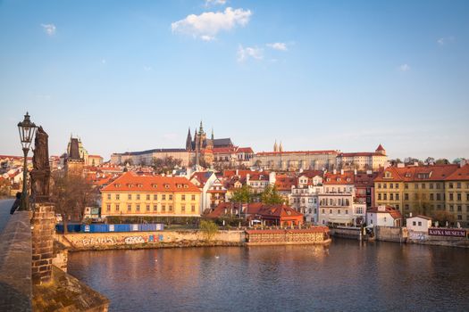 View over the Vltava river with Charles Bridge and Prague Castle