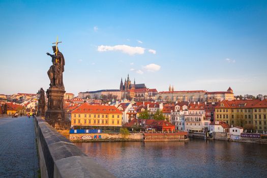 View over the Vltava river with Charles Bridge and Prague Castle