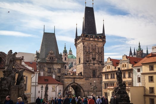 The western tower of the Charles Bridge with view to Prague Castle