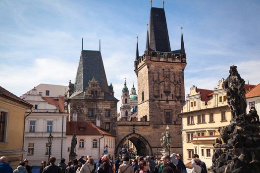 The western tower of the Charles Bridge with view to Prague Castle