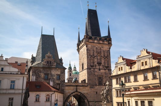 The western tower of the Charles Bridge with view to Prague Castle