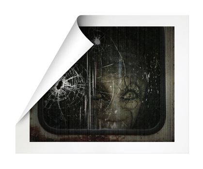 Digital Illustration of a photo of an alien looking through a train window.