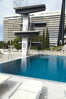 The swimming pool under beams of the sun is ready to competitions and rest