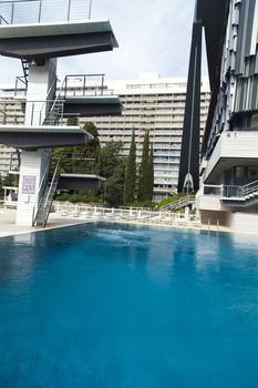 The swimming pool under beams of the sun is ready to competitions and rest