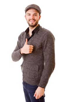 young casual man going thumbs up, isolated on white background