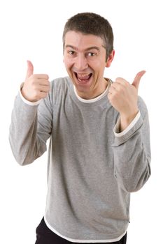 young casual man going thumbs up, isolated on white background