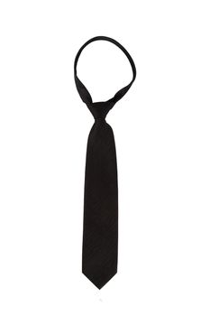 Close up front view of tied up black silk necktie, isolated on white background.
