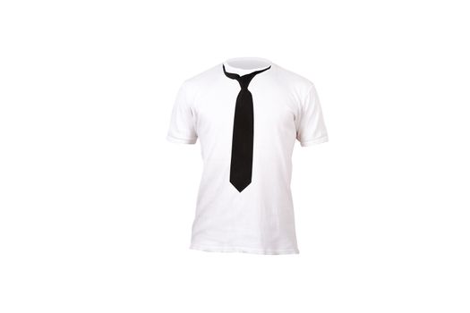 Close up front view of tied up black silk necktie on a tshirt, isolated on white background.