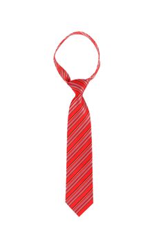 Close up front view of tied up red striped necktie, isolated on white background.