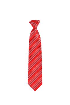 Close up front view of tied up red striped necktie, isolated on white background.