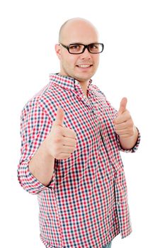 young casual man going thumbs up, isolated