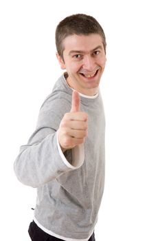 young casual man going thumbs up, isolated on white background