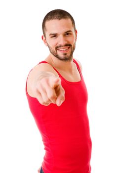 young casual man pointing, isolated on white