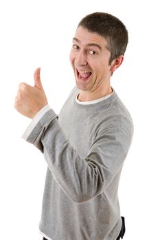 young casual man going thumbs up, isolated on white background