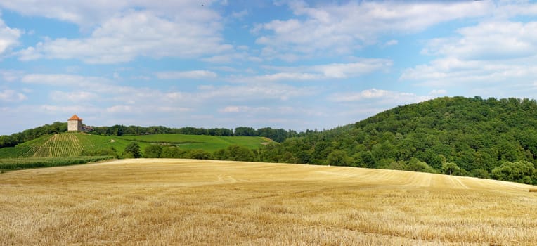 Rural landscape panorama with castle Windeck - field in the foreground, forest and vineyard in the background