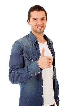 young casual man going thumb up, isolated on white